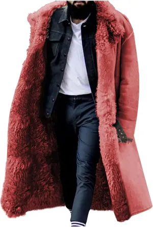 Long Shearling Jacket Men Fleece Faux Leather Fur Coat Suede Sherpa Lined Sheepskin Jacket Full Length Trench Coats