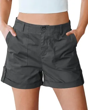 luvamia Shorts for Women High Waisted Dressy Casual Summer Elastic Waist Comfy Rolled Hem Stretch Twill Pocket Shorts
