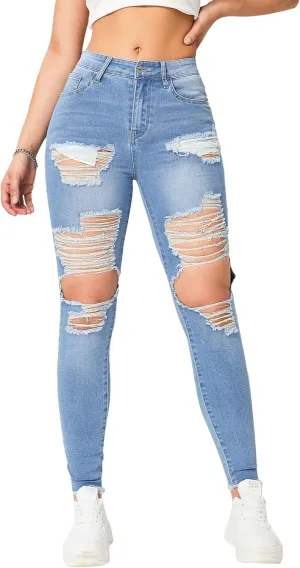MakeMeChic Women's Ripped Skinny Jeans High Waisted Destroyed Hole Stretch Denim Pants