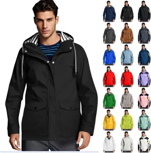 Men Waterproof Jacket Zip Up Hoodie Plus Size Long Sleeve Solid Button Windproof Outdoor Coat with Pocket