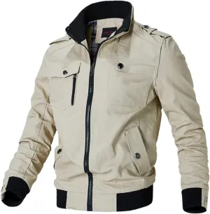 Men's Casual Military Jacket Cargo Stand Collar Bomber Jackets Spring Fall Zipper Windbreaker Lightweight Tactical Coat