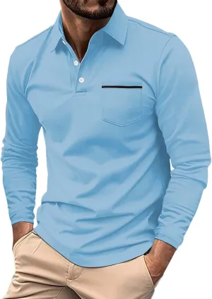 Men's Casual Patchwork Polo Shirts Classic Button Basic Long Sleeve Shirt Stretch Soft Basic Tees Golf Stylish Tops