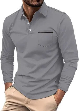 Men's Casual Patchwork Polo Shirts Classic Button Basic Long Sleeve Shirt Stretch Soft Basic Tees Golf Stylish Tops