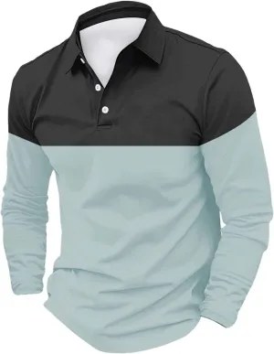 Men's Casual Patchwork Polo Shirts Classic Button Basic Long Sleeve Shirt Stretch Soft Basic Tees Golf Stylish Tops