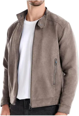 Men's Casual Suede Bomber Jacket Stand Collar Faux Leather Jacket Vintage Work Cargo Jackets Trucker Coats for Men