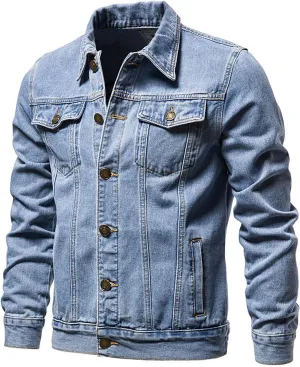 Mens Denim Trucker Jacket Cargo Jean Coat with Pockets