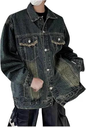 Men's Distressed Denim Jacket Vintage Washed Jean Jacket Long Sleeve Button Down Denim Trucker Coat with Pockets
