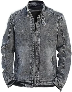 Men's Fashion Vintage Denim Jacket Stand Collar Zipper Lightweight Motorcycle Jackets Warm Slim Trucker Coats