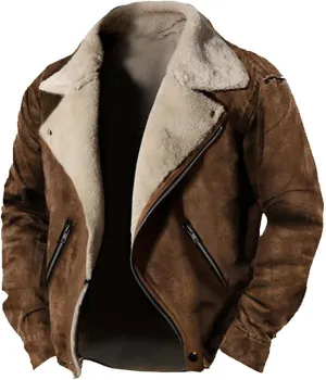 Mens Faux Leather Suede Jacket Lapel Sherpa Lined Winter Coat Thermal Warm Fleece Jacket Zip Up Outerwear with Pocket