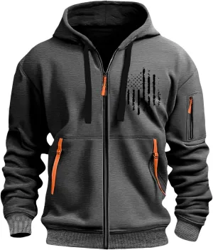 Mens Full Zip Tactical Jacket for Hooded Sweatshirt Sport Multi-Pocket Vintage Cardigan Fashion Casual Flag Print Jacket