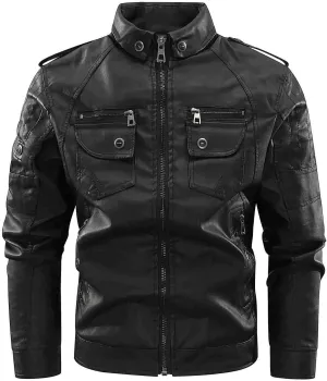 Mens Leather Jacket Stand Collar Moto Jacket Vintage Motorcycle Jacket Zip up Biker Jacket Casual Faux Leather Jacket