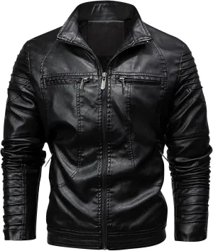 Mens Leather Jacket Vintage Motorcycle Jacket Zip up Biker Jacket Stand Collar Moto Jacket Waterproof Winter Coats