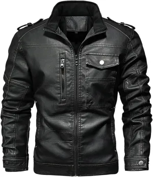 Mens Leather Jacket Vintage Motorcycle Jacket Zip up Biker Jacket Stand Collar Moto Jacket Waterproof Winter Coats
