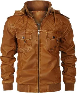 Mens Leather Jacket with Hood Stand Collar Moto Jacket Vintage Faux Leather Jacket Zip up Biker Hoodie Casual Jackets