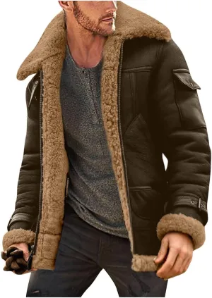 Mens Sherpa Lined Jacket Faux Leather Jackets for Men Suede Fleece Fur Coat Sheepskin Winter Coat Fur Collar Jacket