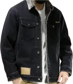 Men's Sherpa Trucker Jacket Fleece Lined Jacket Turn-Down Collar Denim Jacket Warm Winter Coat with Pockets
