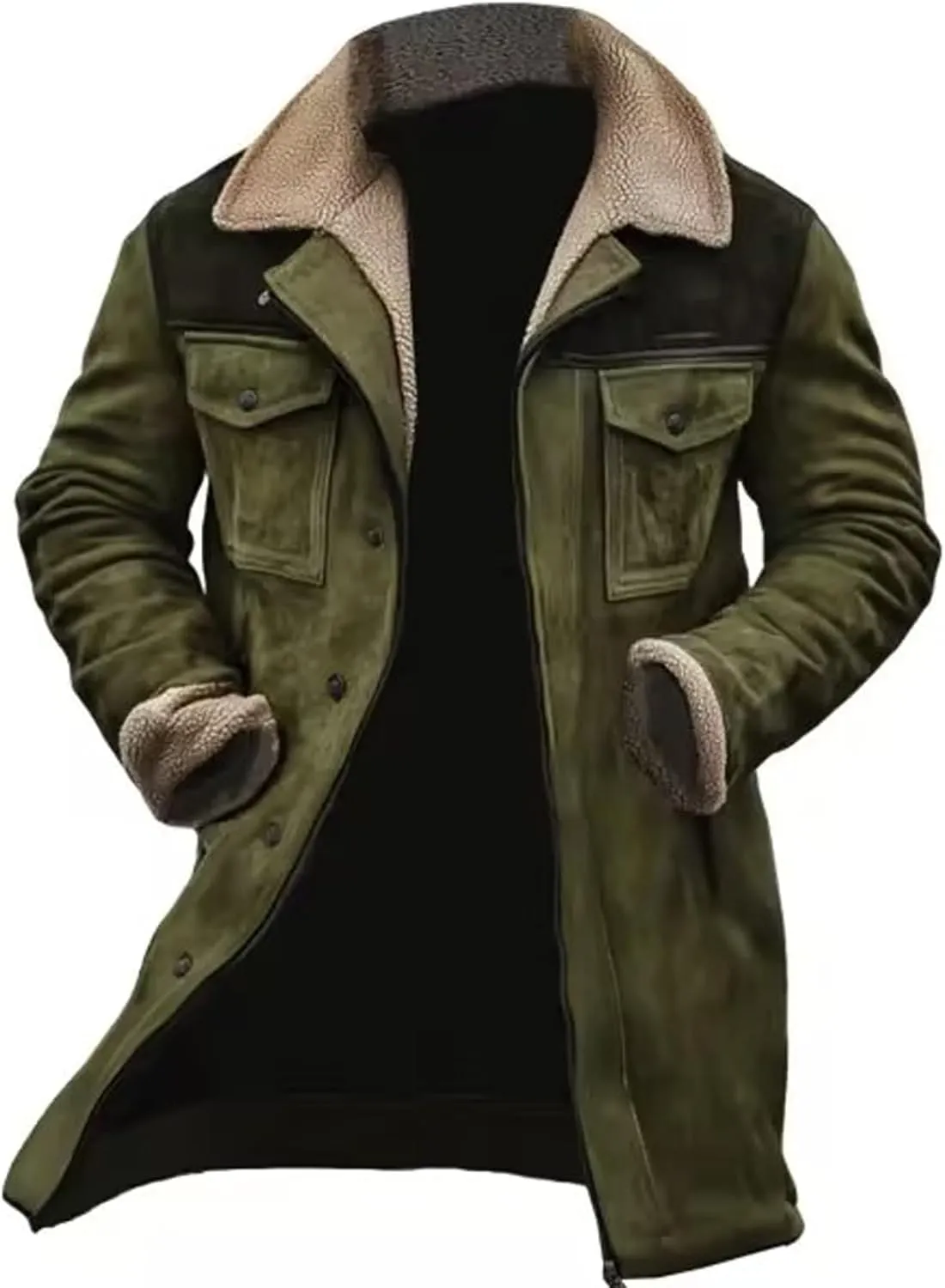 Men's Vintage Suede Jacket Warm Plush Collar Faux Leather Jacket Motorcycle Zip Up Winter Coat Big and Tall Trench Coat