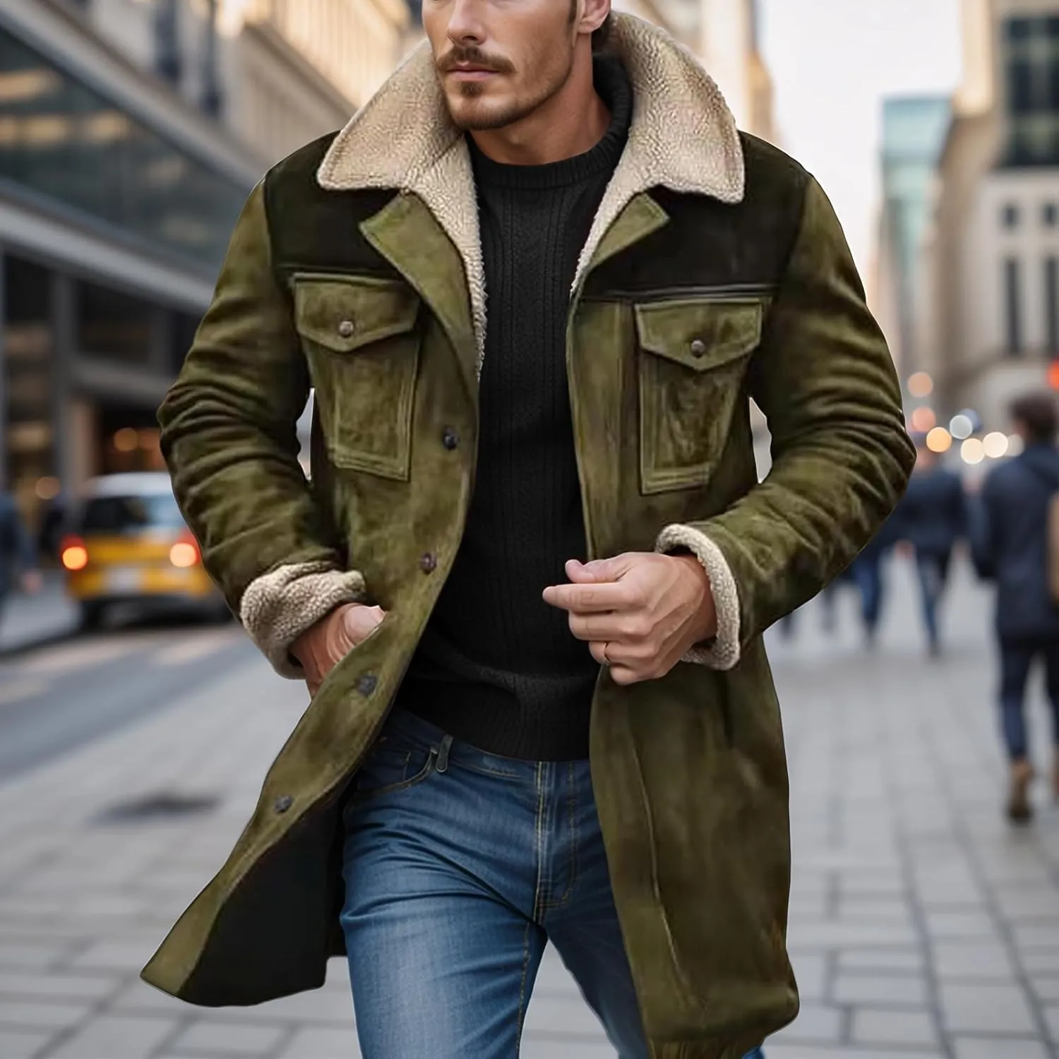 Men's Vintage Suede Jacket Warm Plush Collar Faux Leather Jacket Motorcycle Zip Up Winter Coat Big and Tall Trench Coat