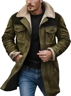 Men's Vintage Suede Jacket Warm Plush Collar Faux Leather Jacket Motorcycle Zip Up Winter Coat Big and Tall Trench Coat