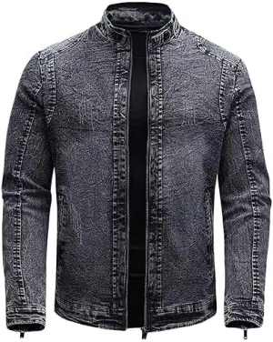 Mens Warm Winter Denim Jacket Stand Collar Fleece Lined Trucker Jackets Fashion Vintage Distressed Motorcycle Coat