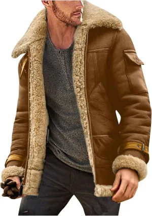 Mens Winter Coats, Men's Lamb Wool Bomber Coat Faux Leather Sherpa Fleece Lined Jacket Heavyweight Sheepskin Jackets