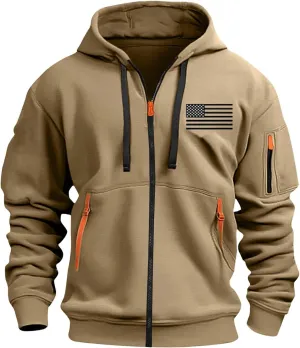 Mens Zip Up Hoodie Jacket For Fashion Casual Vintage Flag Print Stylish Sport Multi-Pocket Sport Cardigan Sweatshirts