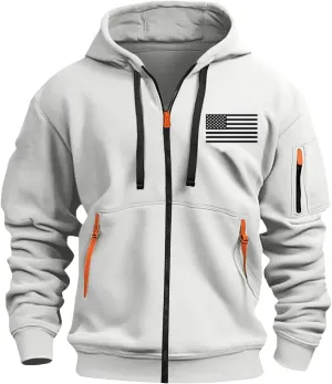 Mens Zip Up Hoodie Jacket For Fashion Casual Vintage Flag Print Stylish Sport Multi-Pocket Sport Cardigan Sweatshirts