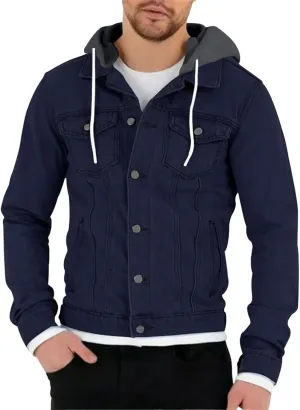 Mmoneyake Men Denim Hoodie Jacket Casual Slim Fit Button Down Military Jeans Coat Stretch Trucker Denim Jean Jacket Outwear