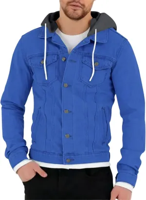 Mmoneyake Men Denim Hoodie Jacket Casual Slim Fit Button Down Military Jeans Coat Stretch Trucker Denim Jean Jacket Outwear