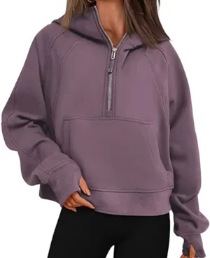 Molilove Women Sweatshirts Half Zip Cropped Pullover Fleece Solid Zipper Hoodies Fall Clothes Thumb Hole Pockets