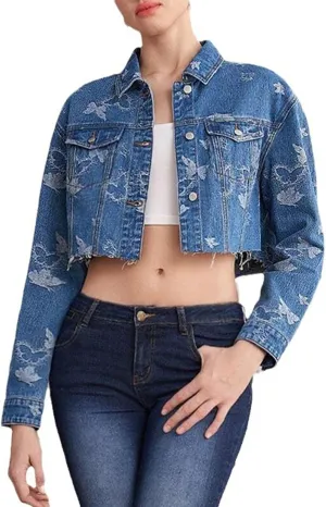 Molilove Women's Casual Cropped Denim Jacket Long Sleeve Butterfly Print Jean Jacket Trucker Vintage Denim Jacket Streetwear