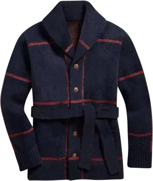 NATHGAM Men Shawl Collar Sweaters Cardigan Heavyweight Vintage Aztec Button Down Knitwear Winter Warm Knitted Coats with Belt