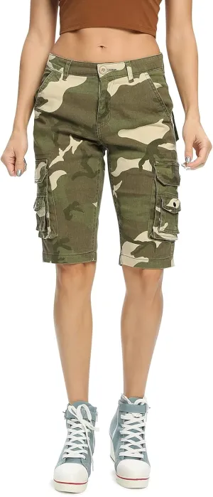 OCHENTA Women's Casual Multi-Pockets Bermuda Cargo Shorts Camo Knee Length Summer Hiking Shorts