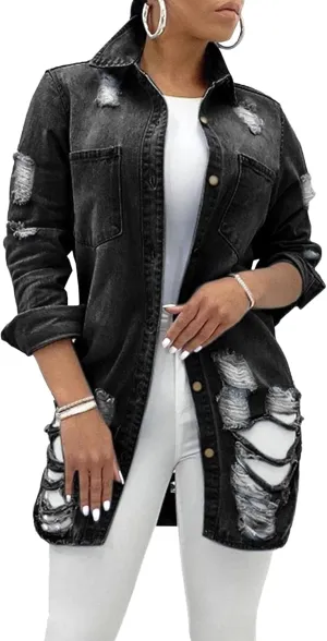 Oversized Denim Jacket Women Distressed Jean Jacket Women Denim Jackets for Womens Long Sleeve Classic