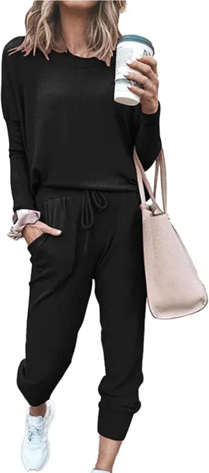 Paintcolors Women's 2 Piece Outfit Long Sleeve Crewneck Tracksuit Solid Color Sweatsuit Lounge Matching Set with Pockets