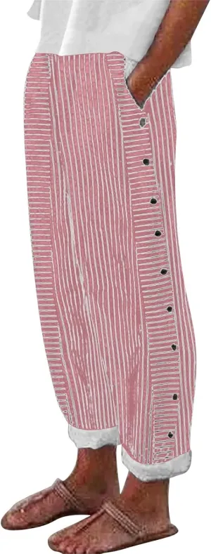 Pants for Women Olzeep Classy Striped Side Pocket Pants Women's Stripe Button Casual Loose Cotton Linen Pants