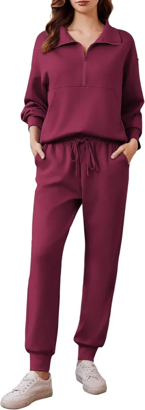 PINSPARK 2 Piece Sets for Women 2024 Fall Travel Outfits Long Sleeve Tracksuit Joggers Sets Half Zip Sweatsuit Matching Set