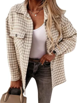 Plaid Jacket Women Long Sleeve Button Down Shirt Casual Houndstooth Jacket Wool Blend Coat Outwear with Pockets