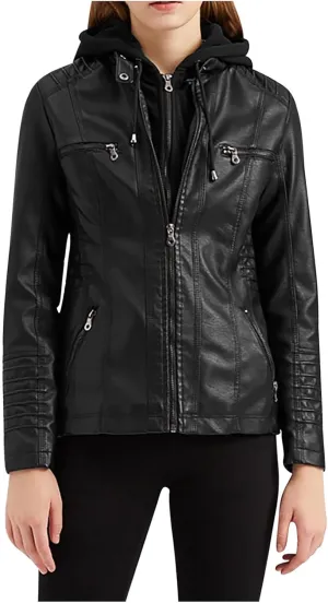 Plus Size Faux Leather Jacket for Women Casual Motorcycle Biker Jacket Long Sleeve Hooded Quilted Full-Zip Coat
