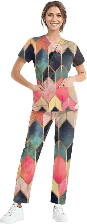 Scrubs Set with Pockets for Women V-Neck Scrub Top & Cargo Pants Fun Nursing Uniform Stretch Set Yoga Waistband