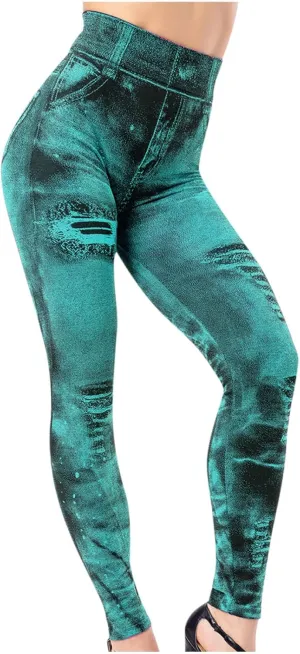 Sexy Denim-Like Print Leggings for Women Fake Jeans High Waisted Tights Stretchy Jeggings Compression Pants