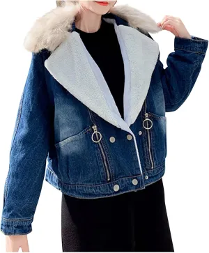 Sherpa Lined Denim Jacket Women Oversized Jean Winter Coats Faux Fur Lapel Button Down Denim Coat Warm Trucker Jacket