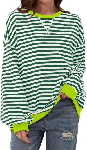 Striped Shirt Women Long Sleeve Oversized Crew Neck Tops Sweatshirt Casual Loose Lounge Tees Trendy Going Out Clothes