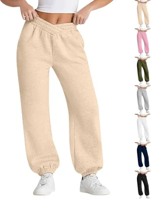 Sweatpants Women Baggy Crossover Waist Cotton Sweatpants Casual Joggers with Pockets Fleece Lined Cotton Joggers