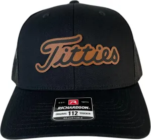 Tittiess Golf Hats Funny Daddy Joke Trucker hat, Laser Engraved Vegan Leather Patch, Richardson 112 hat