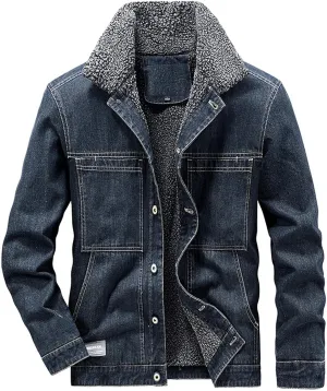 Uillui Men's Vintage Fleece Sherpa Lined Denim Trucker Jackets Button Down Denim Biker Jacket Thickened Winter Jean Coats