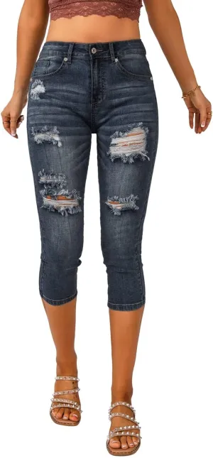 Vetinee Women's High Waisted Casual Ripped Skinny Slim Fit Stretch Denim Capri Jeans