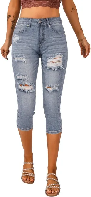 Vetinee Women's High Waisted Casual Ripped Skinny Slim Fit Stretch Denim Capri Jeans