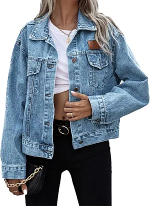 VIVICOLOR Jean Jacket Women's Oversized Denim Trucker Jackets Women's Long Sleeve Distressed Boyfriend Denim Jacket