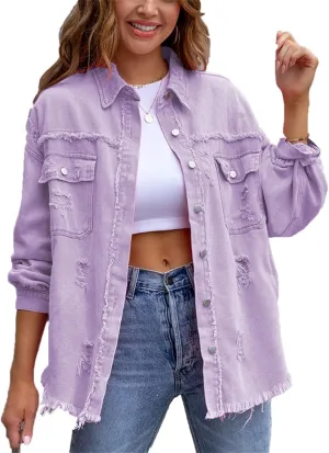 VIVICOLOR Women's Frayed Denim Trucker Jackets Women's Ripped Oversized Denim Jacket Washed Distressed Jean Jacket